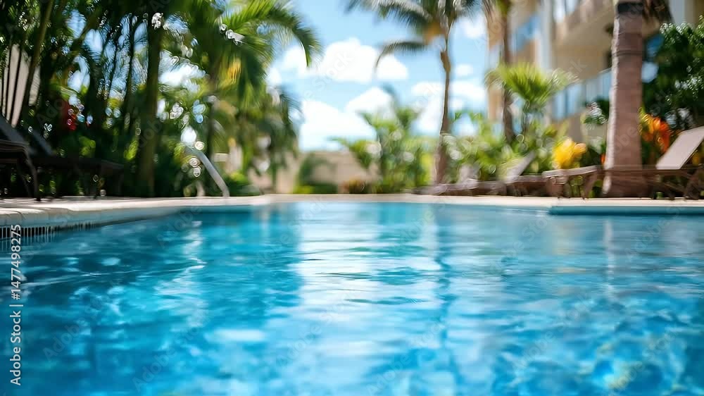 Crystal Clear Swimming Pool Surrounded By Palm Trees Under Bright Sky Creates Tranquil Outdoor Scene With Lush Greenery Crystal Clear Swimming Pool Surrounded By Palm Trees Under Bright Sky Creates Tranquil Outdoor Scene With Lush Greenery