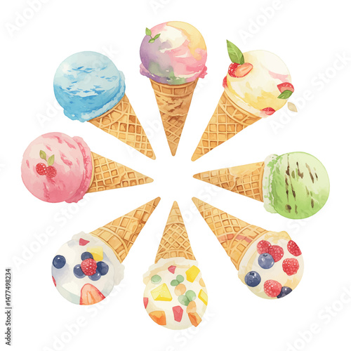 Colorful ice cream cones arranged in a circular pattern showcasing a variety of flavors and toppings