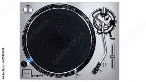 Professional Turntable High Resolution Studio Image Close up View of a Silver Record Player