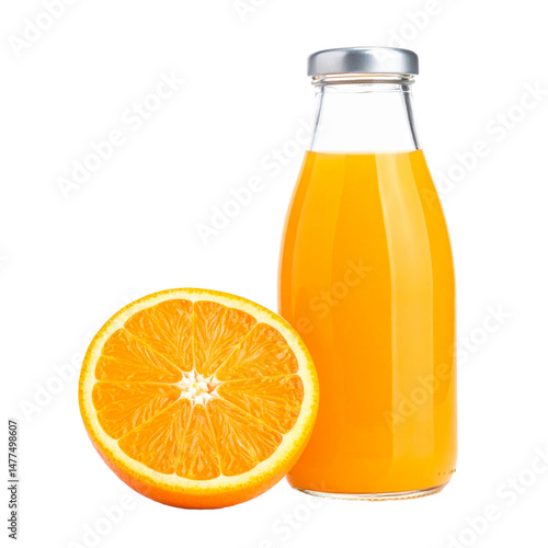 Bottle of orange juice with two oranges and a slice. Perfect for beverage or healthy lifestylerelated designs. Bright and refreshing.