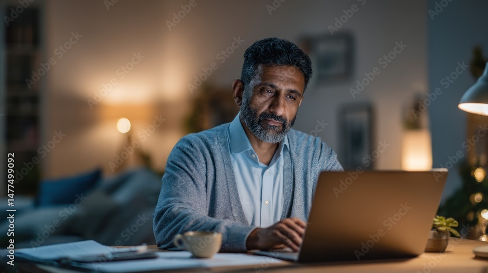 Man works at a laptop in a dimly lit room at night. Man works at a laptop in a dimly lit room at night.