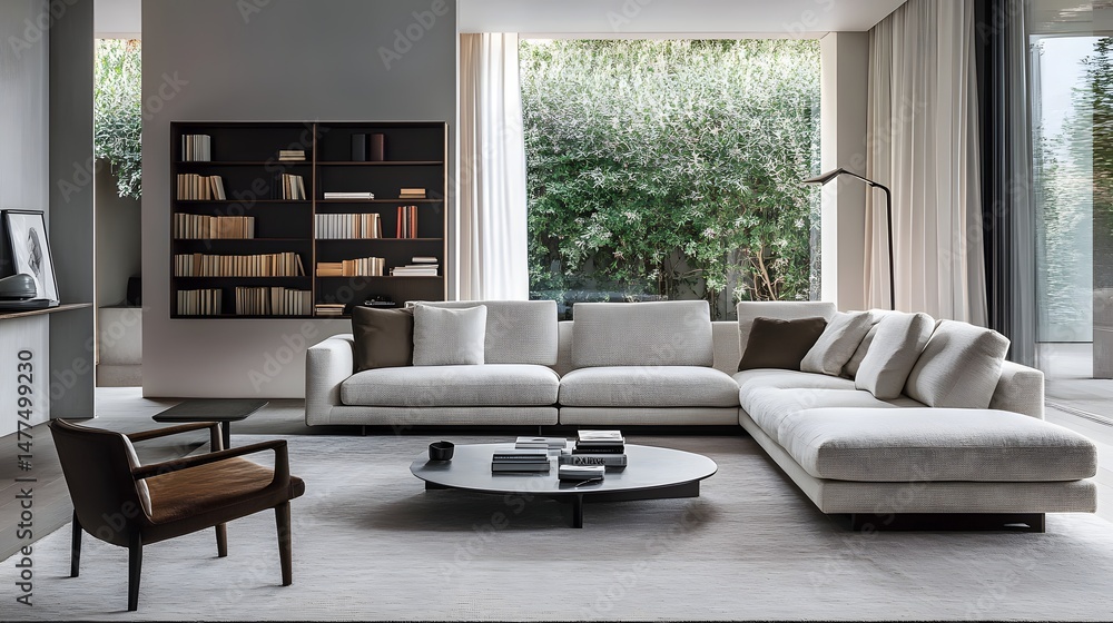 Fototapeta premium 88. A modern living room with a simple sectional sofa, a monochromatic rug, and clean open shelving