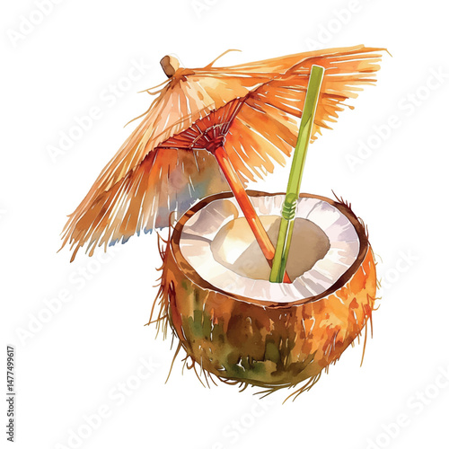 Fresh coconut drink with straw and hat sitting on a white background
