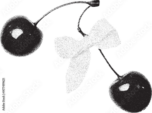 Black and white xerox effect vector illustration of two cherries with leaf isolated on white background grainy textured vintage distressed stipple dots effect fruit healthy food sweet dessert summer