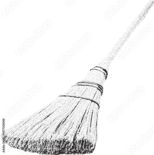 Black and white xerox effect vector broom illustration isolated on white background cleaning broom whisks witchs broom Halloween party prop magic fantasy witchcraft wizardry cleaning tool household