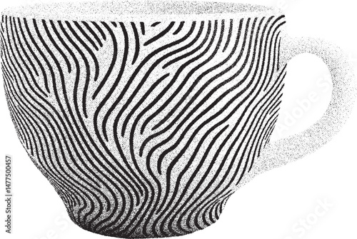 Black and white xerox effect vector illustration of a textured coffee mug with wavy lines pattern isolated on white background ideal for cafe branding menu design and merchandise prints
