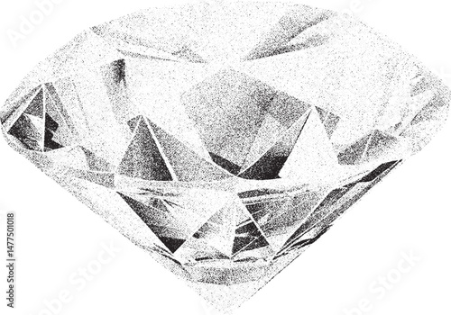 Black and white xerox effect vector illustration of a sparkling gemstone diamond crystal brilliant cut luxury jewelry wealth symbol elegant design element vintage stipple shading engraving style