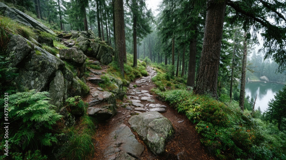 Obraz premium Serene foggy mountain path through lush pine forest nature trail calm environment scenic view