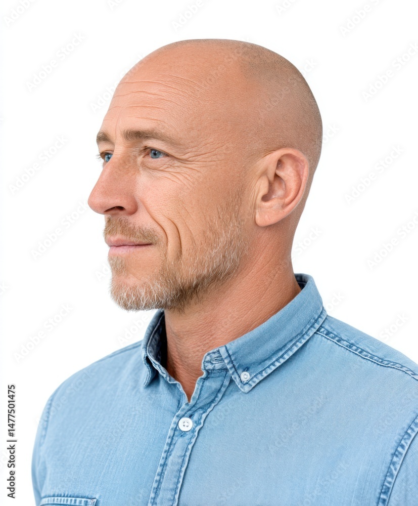 Fototapeta premium A profile of a mature bald man with a thoughtful expression wearing a light blue shirt