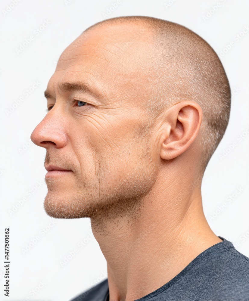 Obraz premium Close-up profile of a bald man with fair skin and calm expression
