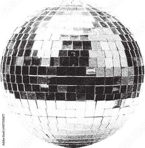 Black and white xerox effect disco ball vector illustration grainy textured retro party nightclub dance music 70s 80s vintage style speckled grunge distressed effect isolated on white background