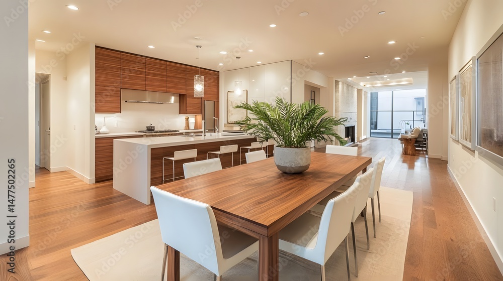 Fototapeta premium 62. A serene dining area featuring a wooden table, sleek white chairs, and a single potted plant centerpiece