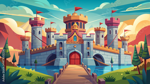  The castle’s architecture is a marvel — detailed arches, tall watchtowers, and a grand drawbridge guarding the entrance. Banners flutter in the breeze, bringing life and color to the historic fortres