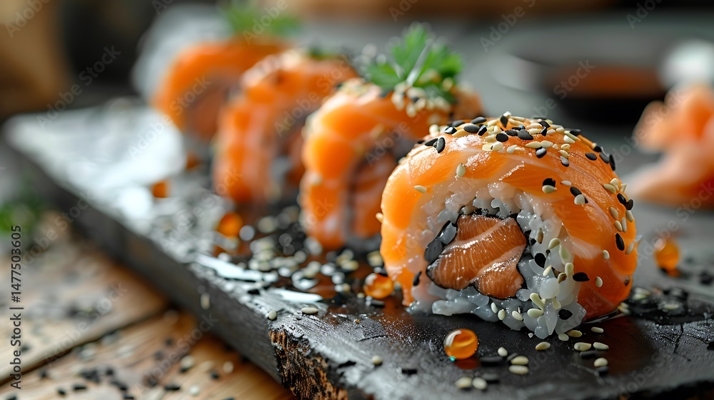 Delicious Salmon Sushi Rolls garnished with Sesame Seeds on a Dark Plate Delicious Salmon Sushi Rolls garnished with Sesame Seeds on a Dark Plate