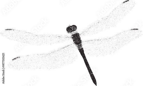 Black and white xerox effect dragonfly vector illustration isolated insect wings flying wildlife nature monochrome speckled textured vintage retro design element graphic art print apparel fashion