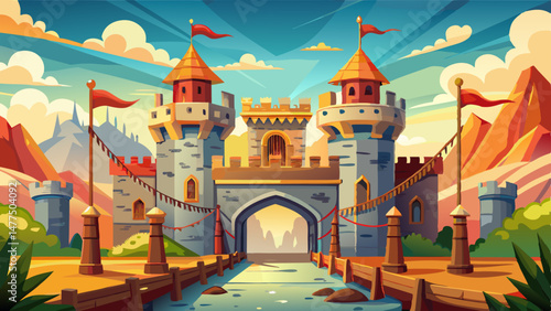  The castle’s architecture is a marvel — detailed arches, tall watchtowers, and a grand drawbridge guarding the entrance. Banners flutter in the breeze, bringing life and color to the historic fortres