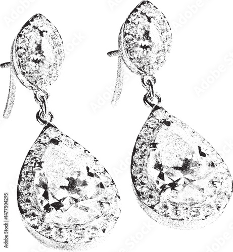 Black and white xerox effect vector illustration of a pair of dangling earrings with teardrop gemstones and intricate detailing perfect for fashion jewelry design projects vintage style accessories