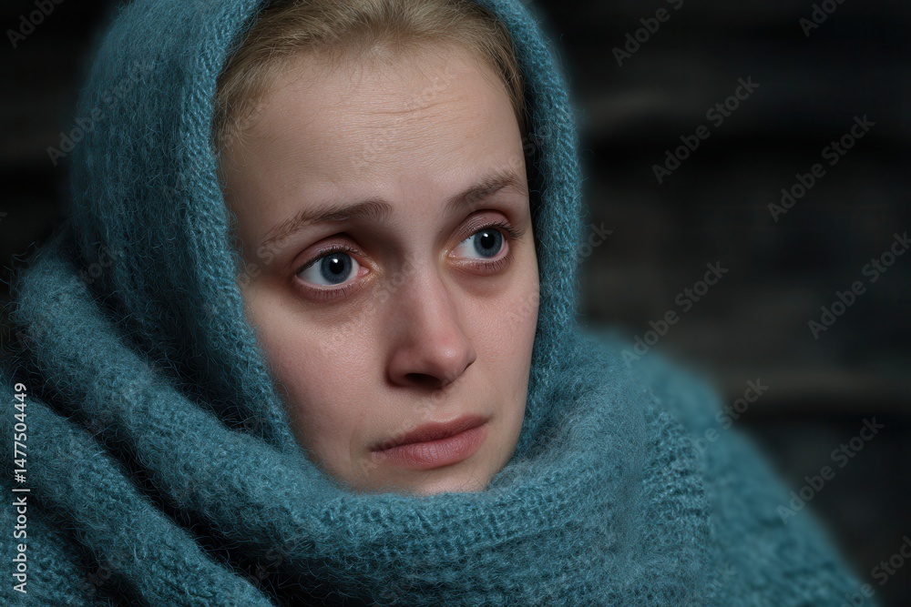 Fototapeta premium Woman wrapped in blue scarf looking pensive