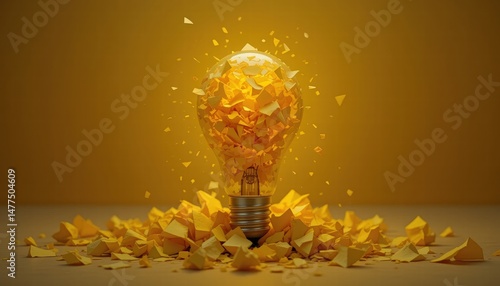 Exploding Light Bulb Surrounded by Shattered Yellow Fragments Representing Creative Energy