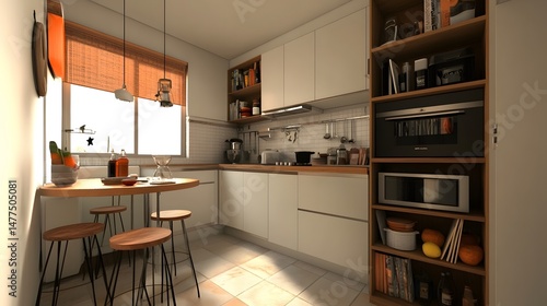 Wallpaper Mural 47. A functional kitchen with built-in cabinets, open shelving, and a compact dining area with stools Torontodigital.ca