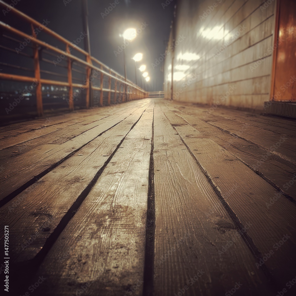 Wooden walkway with metal railing illuminated by lights at night or dusk. Wooden walkway with metal railing illuminated by lights at night or dusk.