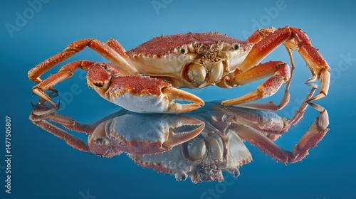 Crab with reflection on a blue surface.