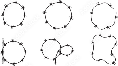 Black and white barbed wire vector illustration set different shapes circle square danger security protection warning prison military conflict war border control immigration refugee crisis xerox