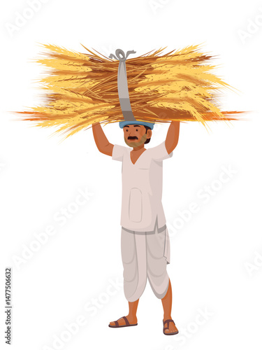 Farmer carrying crop on head, Harvest season illustration