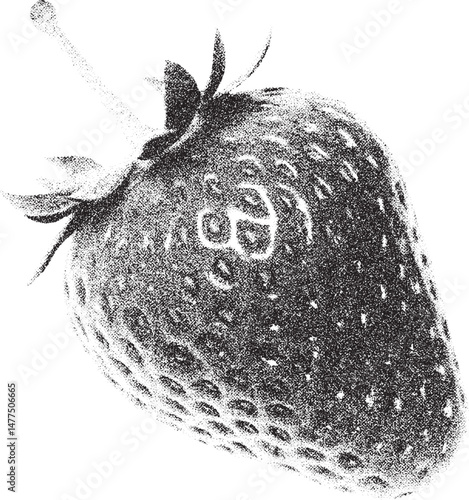 Black and White Xerox Effect Vector Illustration of a Fresh Ripe Strawberry with Stem and Leaves Ideal for Food Packaging and Menu Designs Vintage Retro Style Halftone Texture Grainy Dotted Effect
