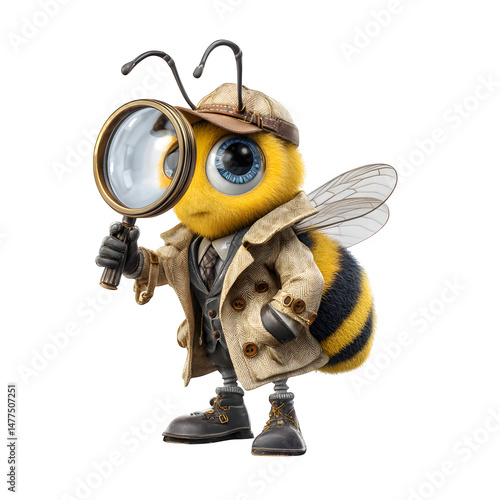 A cartoon bee dressed like a detective with a magnifying glass and trench coat, looking for clues, isolated with white background.
