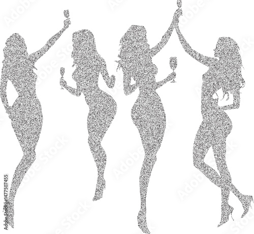 Black and White Xerox Effect Vector Silhouettes of Women Celebrating with Drinks Party Celebration Bachelorette Party Girls Night Out Festive Gathering Toast Cheers Wine Champagne Grainy Texture