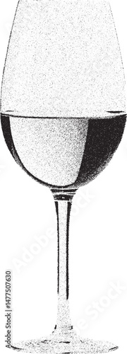 Black and white xerox effect vector illustration of a partially filled wine glass isolated on white background vintage textured style ideal for bar menu restaurant logo branding or wine label design