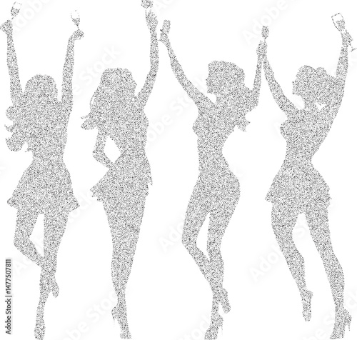 Black and white xerox effect vector silhouettes of four women celebrating with drinks party celebration girls night out female friendship dancing stippled textured halftone dotted design element