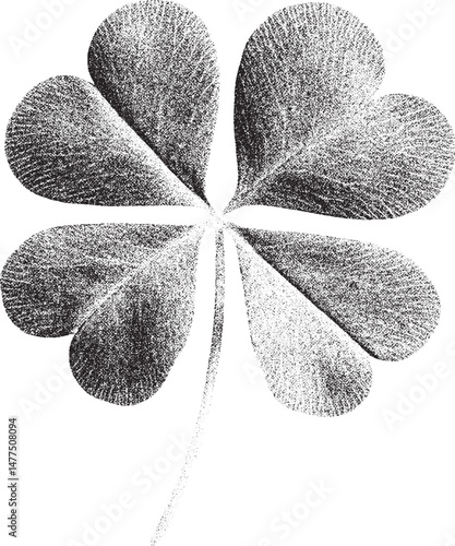 Black and white xerox effect four leaf clover vector illustration grainy textured Saint Patricks Day lucky charm good luck Irish tradition vintage retro distressed style speckled grunge effect
