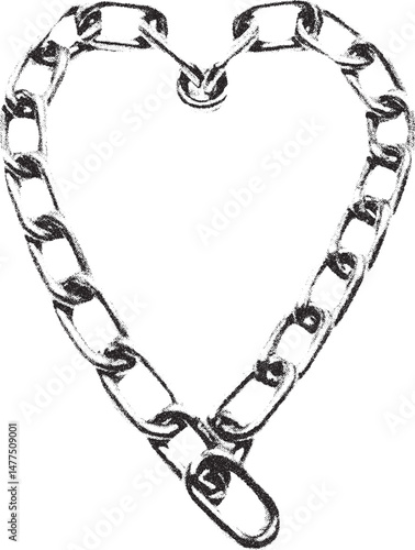 Black and white xerox effect vector illustration of a heart shaped chain connection link locked security love concept design element isolated on white background ideal for Valentine's Day greeting