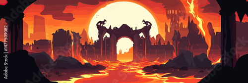 Fiery lava river flowing through ancient gothic ruined arena with demonic statues under glowing orange sunset sky in hellish volcanic landscape vector illustration