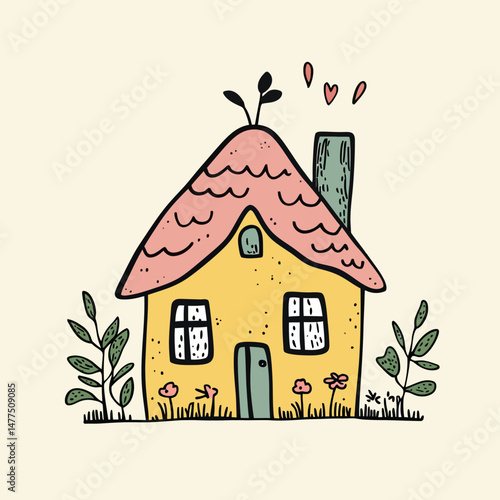 Hand drawn cute yellow house with pink roof green chimney garden plants flowers hearts doodle sketch style cozy home illustration