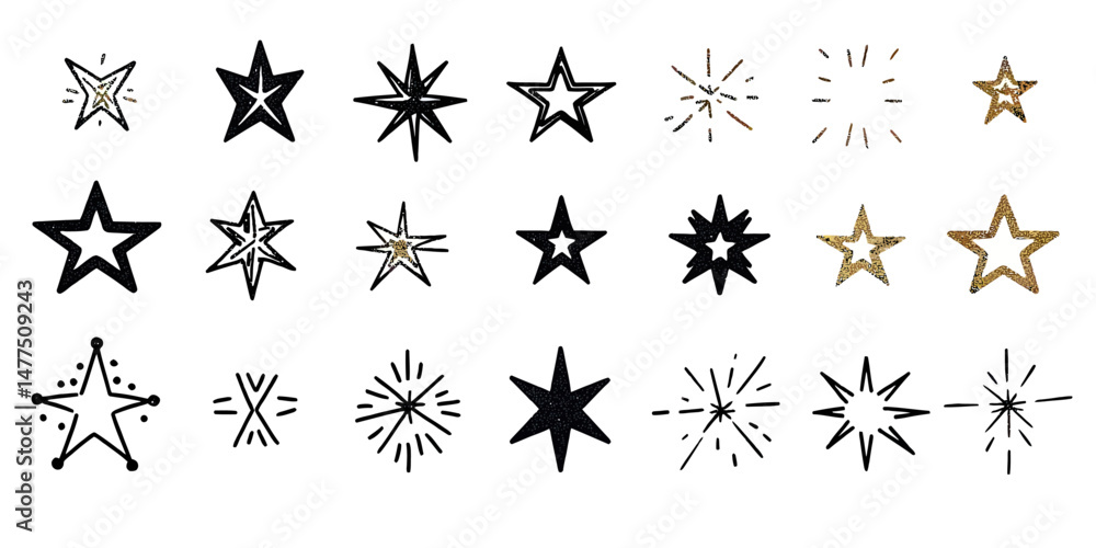 Set of assorted hand drawn star icons with twinkle effects glitter spark lines magic shine outline vector collection in minimalist style Set of assorted hand drawn star icons with twinkle effects glitter spark lines magic shine outline vector collection in minimalist style