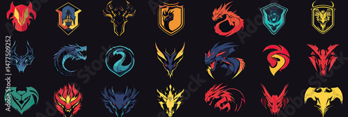 Set of minimalist flat vector esports logos and mascots featuring stylized dragons, phoenixes, shield emblems, fantasy creatures, and fierce bird heads for gaming teams and gamers