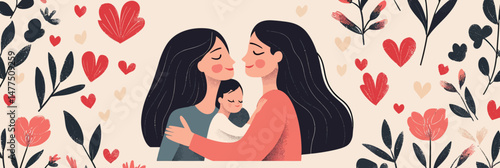 Mother and mother holding newborn baby embracing surrounded by floral hearts pattern flat minimalist vector illustration for motherhood love and family concept