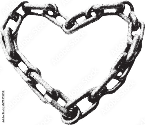 Black and white xerox effect vector illustration of a heart shape made from a chain security love connection strong bond relationship heartbreak valentines day symbol monochrome graphic design