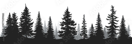 Black and white silhouette of dense conifer forest with varied pine and fir trees in flat minimalist vector style landscape illustration natural scenery