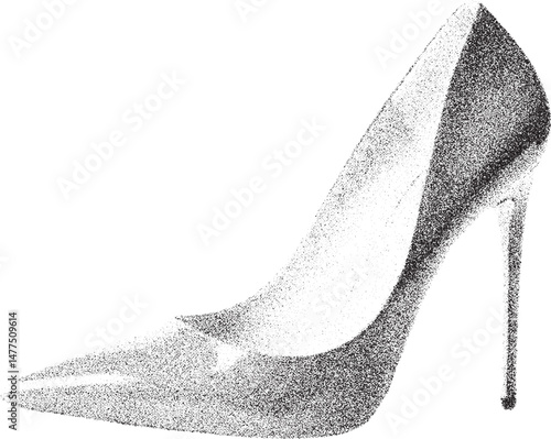 Black and White Xerox Effect Vector Illustration of High Heel Shoe Fashion Stiletto Footwear Elegant Style Glamour Design Isolated on White Background Drawing Sketch Stipple Dotted Grainy Style