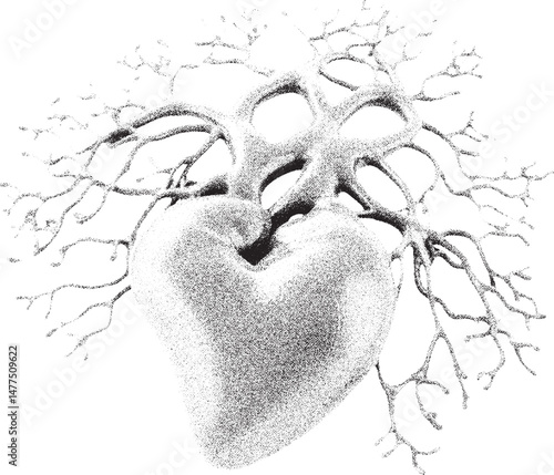 Black and White Xerox Effect Vector Heart with Abstract Branches Love Nature Valentine Romance Wedding Biology Cardiology Medical Science Illustration Design Element Stippled Grainy Texture Grain