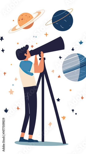 Man using telescope observing colorful planets and stars flat vector illustration of astronomy hobby and space exploration concept with night sky background