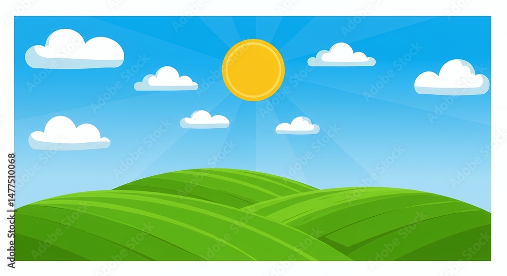 Fototapeta premium Cartoon illustration of green hills and sunny sky