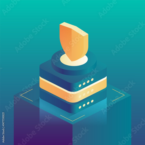 A shield atop server stacks symbolizes digital security and protection, representing cybersecurity for sensitive data. Secure solutions and futuristic digital protection in the cybersecurity field.