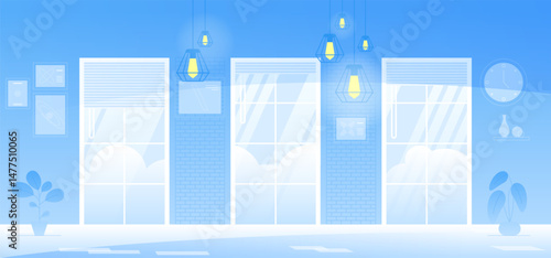 Office interior. Empty no people open space cabinet room with furniture. Office workstation furniture interior concept. Modern coworking area. Vector flat horizontal cartoon illustration