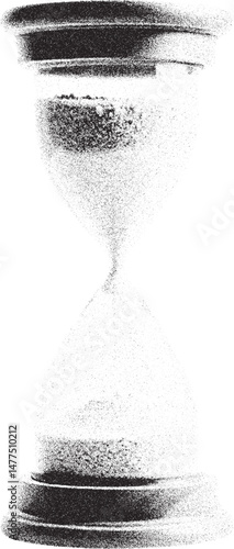 Black and white xerox effect hourglass vector illustration grainy textured vintage time clock countdown timer sandglass old fashioned antique grunge distressed isolated on white background graphic