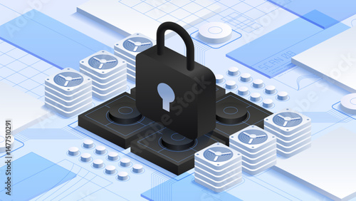 Cloud data protection with antivirus encryption. Padlock security. Stacks of servers and computer components. Technological elements. High-tech, secure environment. Isometric vector illustration